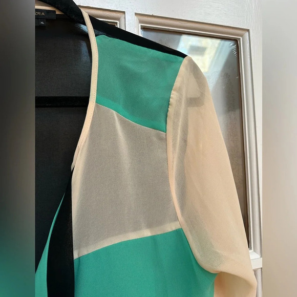 BCBGMAXAZRIA Cream Teal Black Color Block Front Zip Sheer Blouse Size XL - Picture 3 of 9